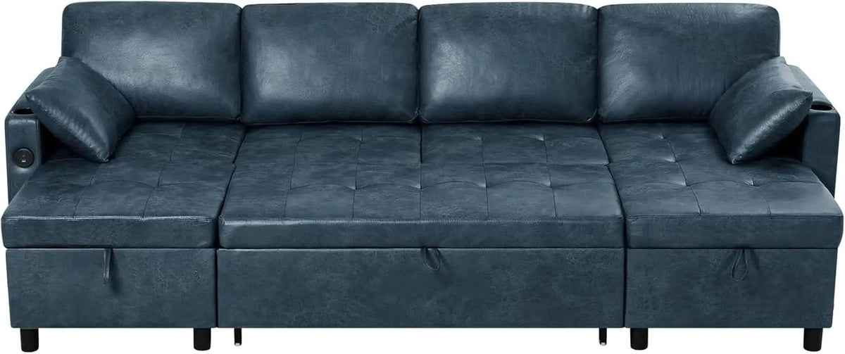 Blue Genuine Suede Leather 110Inch Sectional Sleeper from PriceLows™