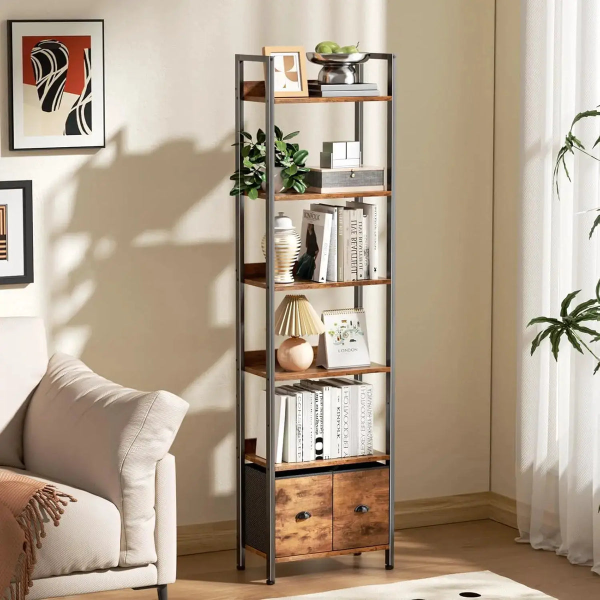 71" Rustic Brown 6-Tier Bookcase with 2 Drawers, Industrial Wood and Metal Storage Shelf for Home Office and Bedroom from PriceLows™