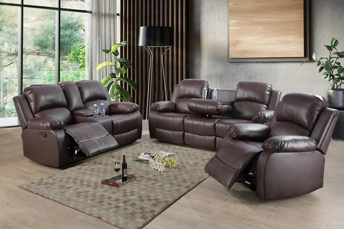 Brown Faux Leather Reclining Living Room Set Sofa Loveseat Chair from PriceLows™