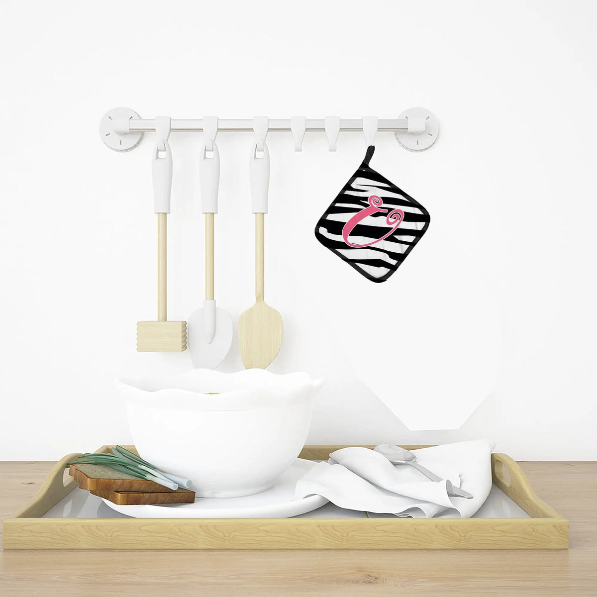 Pot Holder Set of 2 | Heat Resistant Quilted Hot Pads | 7.5 x 7.5 Inch | Letter U Initial Zebra Stripe and Pink