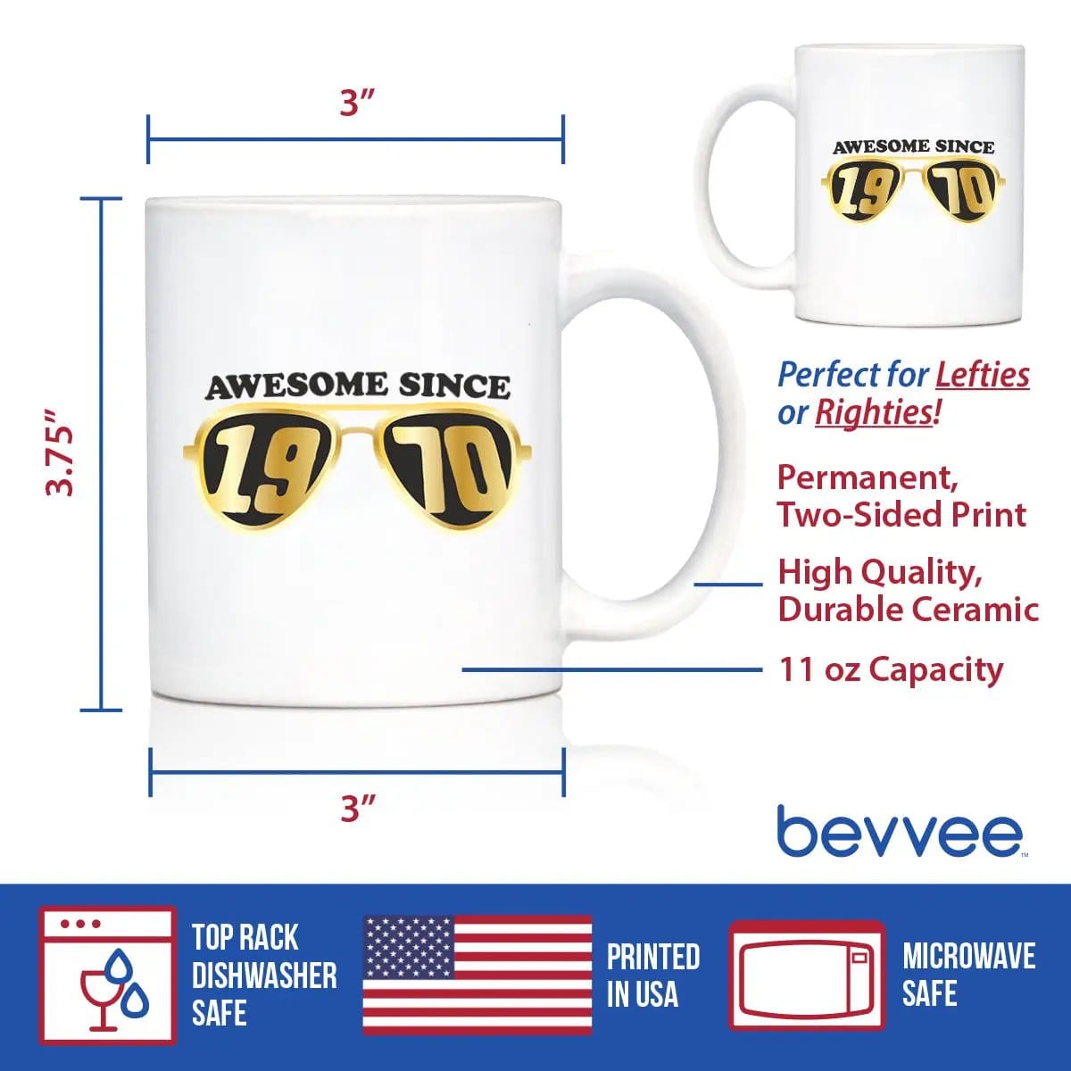 Ceramic Coffee Mug | Dishwasher & Microwave Safe | Double Printed | Awesome Since 1970