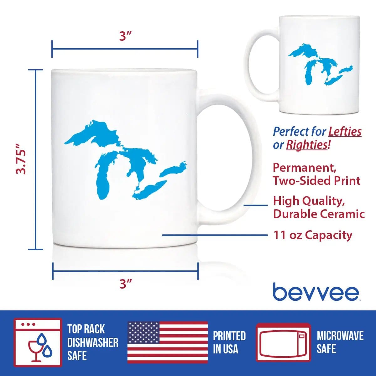 Ceramic Coffee Mug | Dishwasher & Microwave Safe | Double Printed | Great Lakes Map
