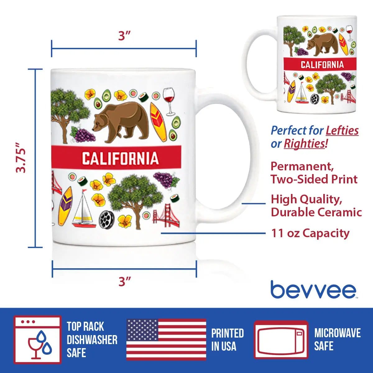 Ceramic Coffee Mug | Dishwasher & Microwave Safe | Double Printed | California Flag Pattern