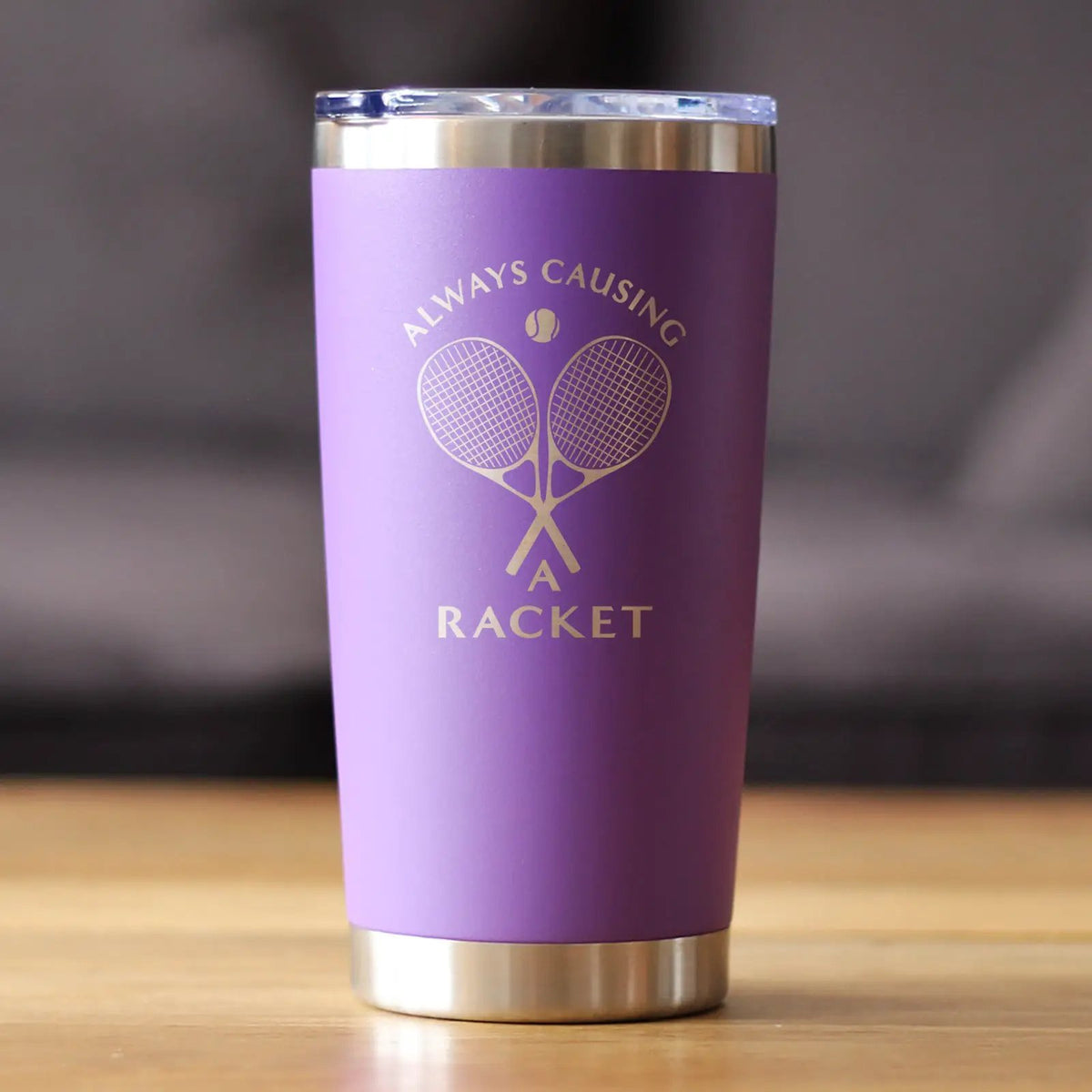 Causing A Racket Coffee Tumbler | 20 Oz Double Wall Stainless Steel | Sliding Lid | Funny Tennis Themed Gifts