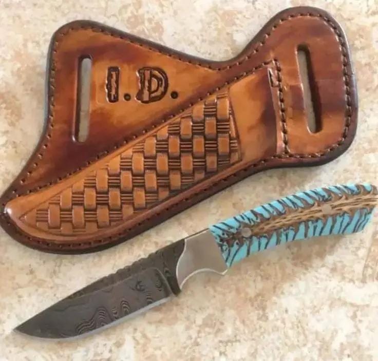 Custom Handmade Damascus Steel Belt Knife Pine Cone Resin Handle & Leather Sheath | 3.5 Inch | Damascus Steel | cowboy belt Knife