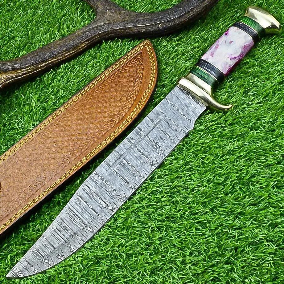 Damascus Steel "The Bowie" Knife 16" with Brass Guard and Resin Pakkawood Handle | 16 Inch | Damascus Steel | bowie Knife