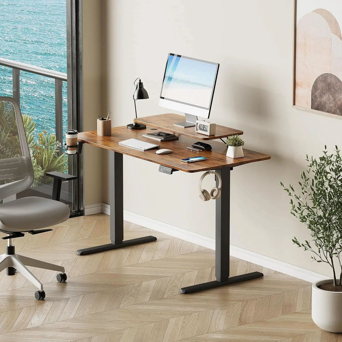 Electric Standing Desk With Monitor Stand 47x24 Brown from PriceLows™