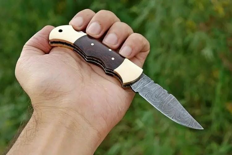 Custom Handmade Damascus Folding Knife - 3" Blade, Rosewood Handle & Steel Bolster | 3 Inch | Damascus Steel | Home