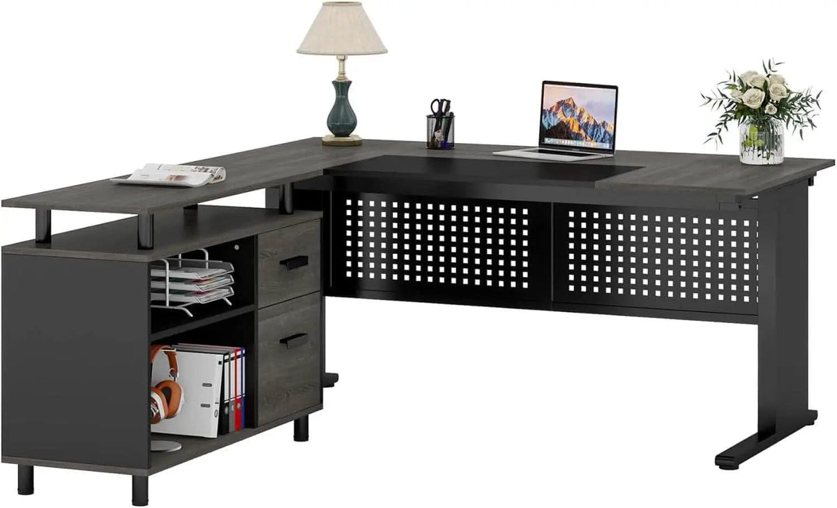 63 Inch Executive Desk With Integrated Cabinet Gray from PriceLows™