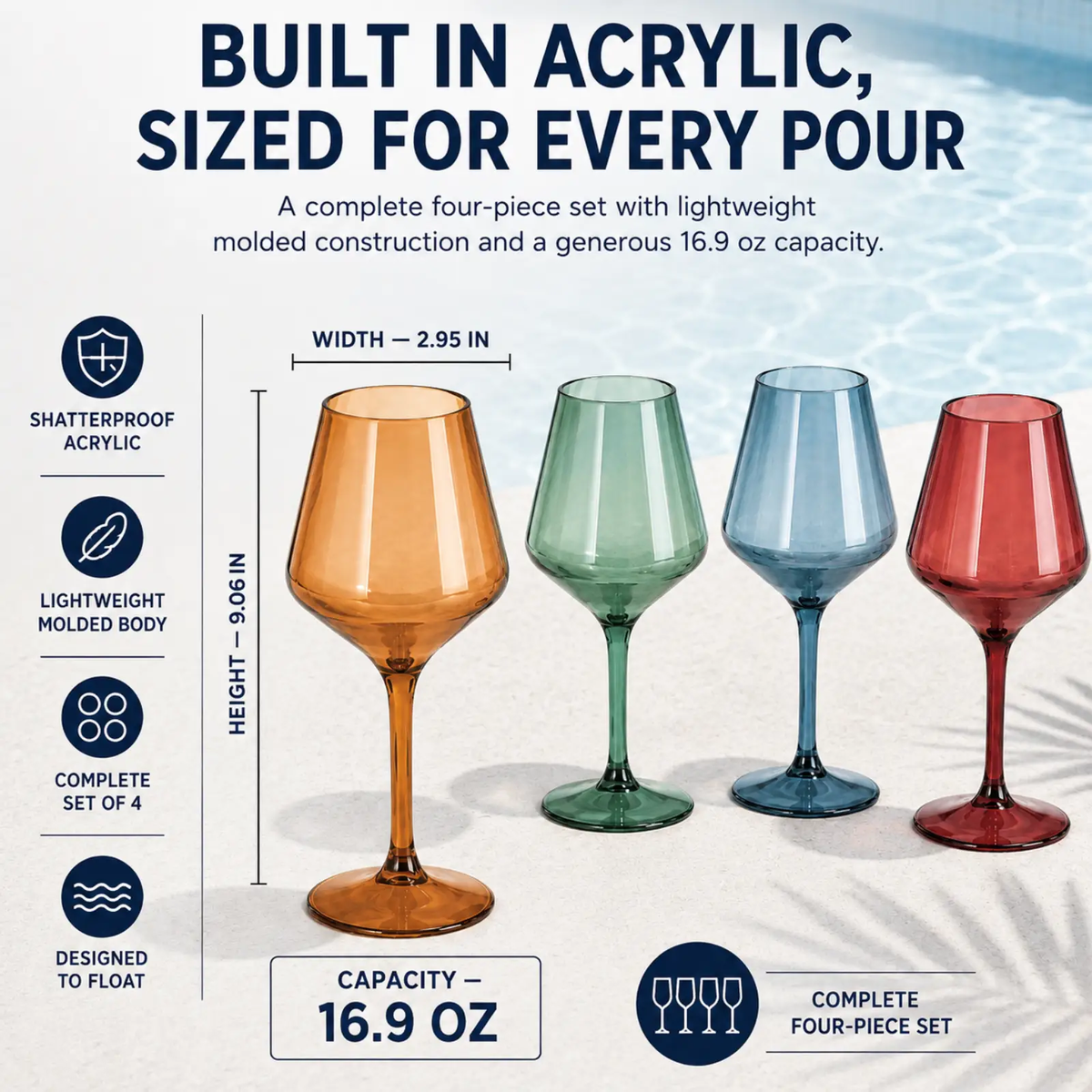 Floating Shatterproof Wine Glasses Set Of 4 Durable Acrylic