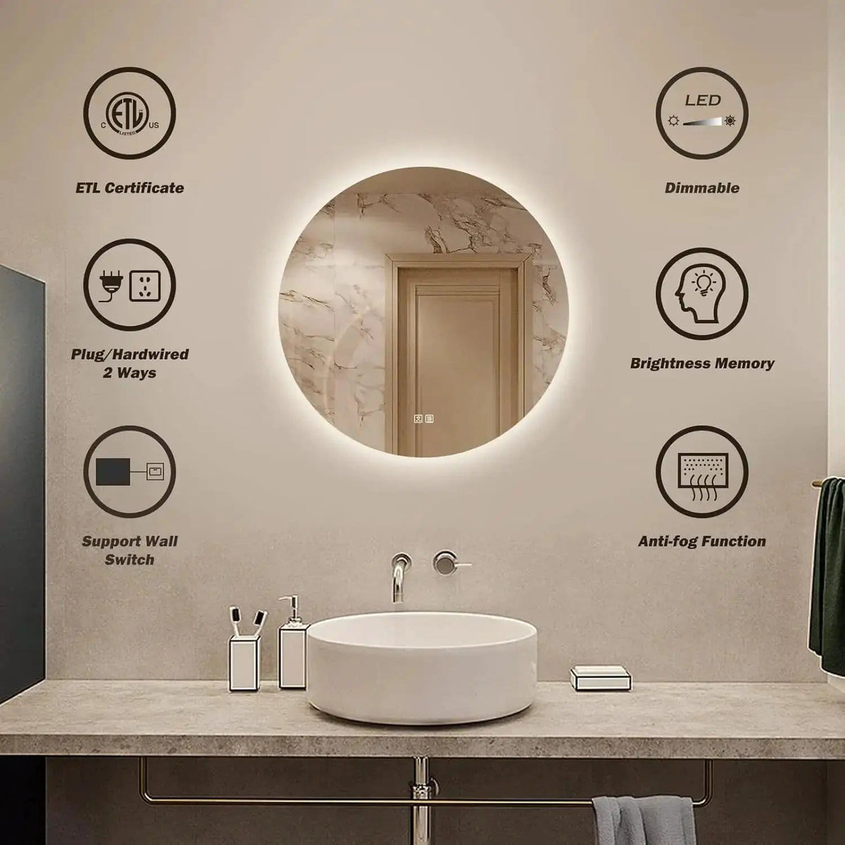 HAUSVITA Round Sleek Backlit LED Bathroom Mirror | Wall Mirror | Bathroom Use | Bathroom