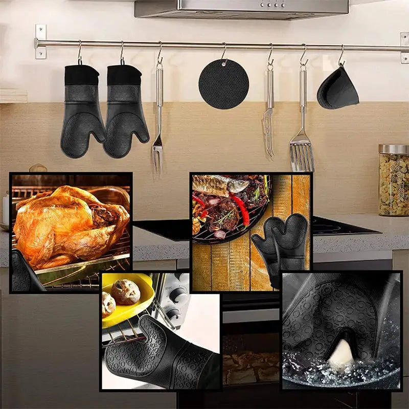 Oven Mitts and Pot Holders Set | Silicone | Extra Long | 6 Piece