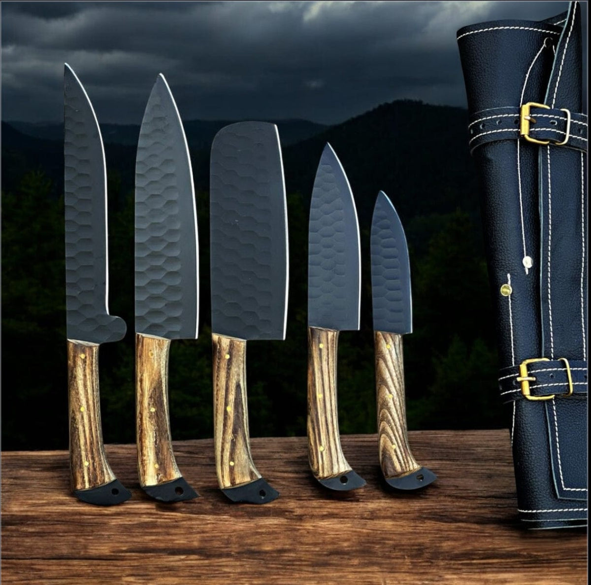 "Handcrafted Custom Kitchen Knives Set - Forged Steel & Olive Wood" | Olive Wood | Home Use | Home
