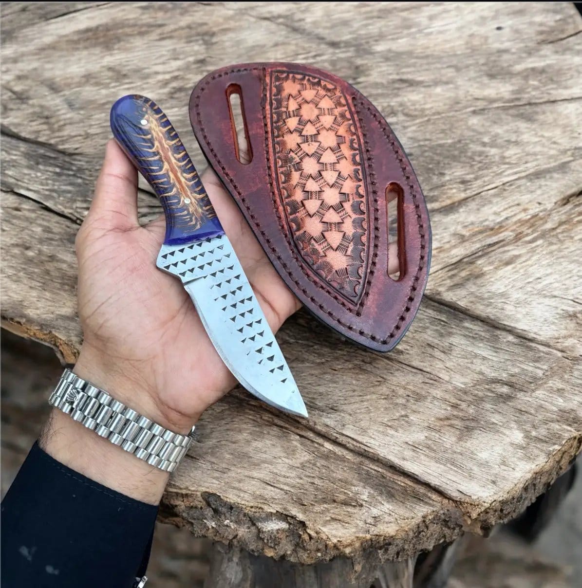 Handmade Cowboy Knife 8" Rasp Steel Blade with Pine Cone Resin Handle & Leather | 8 Inch | Steel | Home