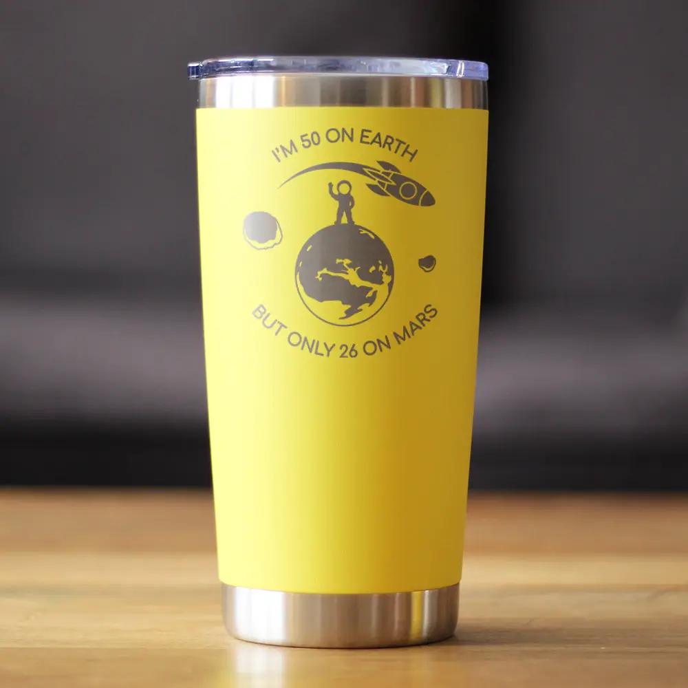 Age on Mars 50 Coffee Tumbler | 20 Oz Double Wall Stainless Steel | Sliding Lid | Unique Funny 50th Birthday Gifts