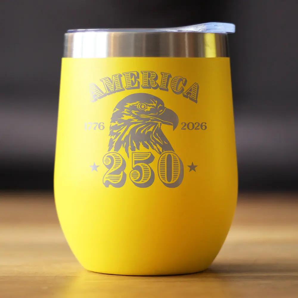 America 250th Anniversary Wine Tumbler | 12 Oz Double Wall Stainless Steel | Sliding Lid | America 250 Merchandise Etched in USA