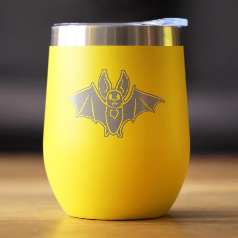 Insulated Stemless Wine Tumbler | 12 oz Stainless Steel | Sliding Lid | Bat