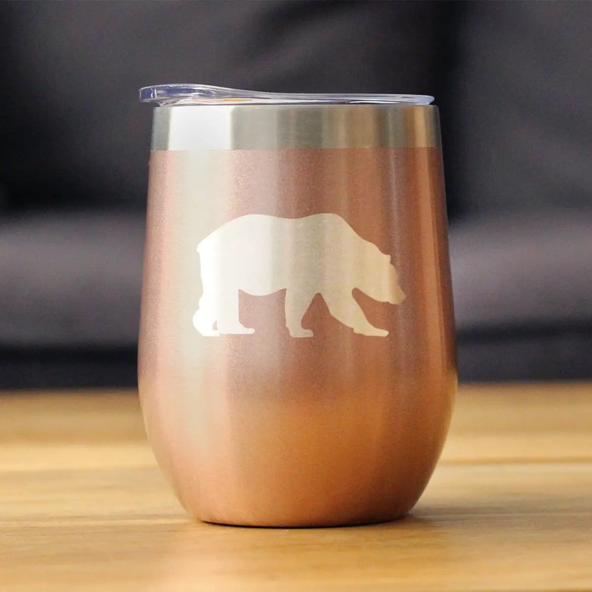Insulated Stemless Wine Tumbler | 12 oz Stainless Steel | Sliding Lid | Bear Silhouette