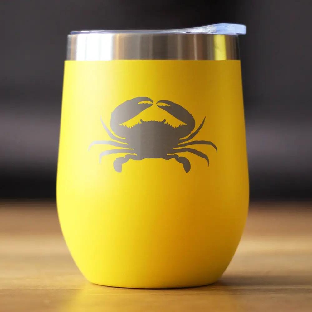 Insulated Stemless Wine Tumbler | 12 oz Stainless Steel | Sliding Lid | Crab Silhouette