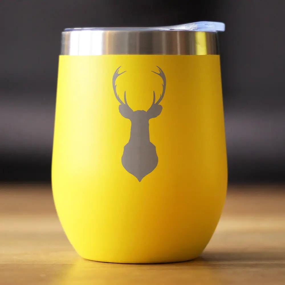 Insulated Stemless Wine Tumbler | 12 oz Stainless Steel | Sliding Lid | Deer Head