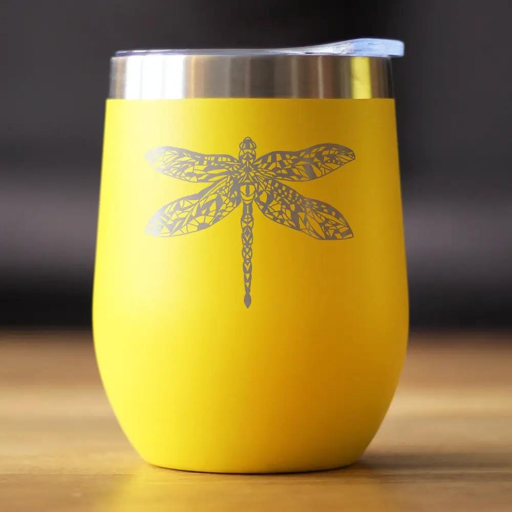 Insulated Stemless Wine Tumbler | 12 oz Stainless Steel | Sliding Lid | Dragonfly