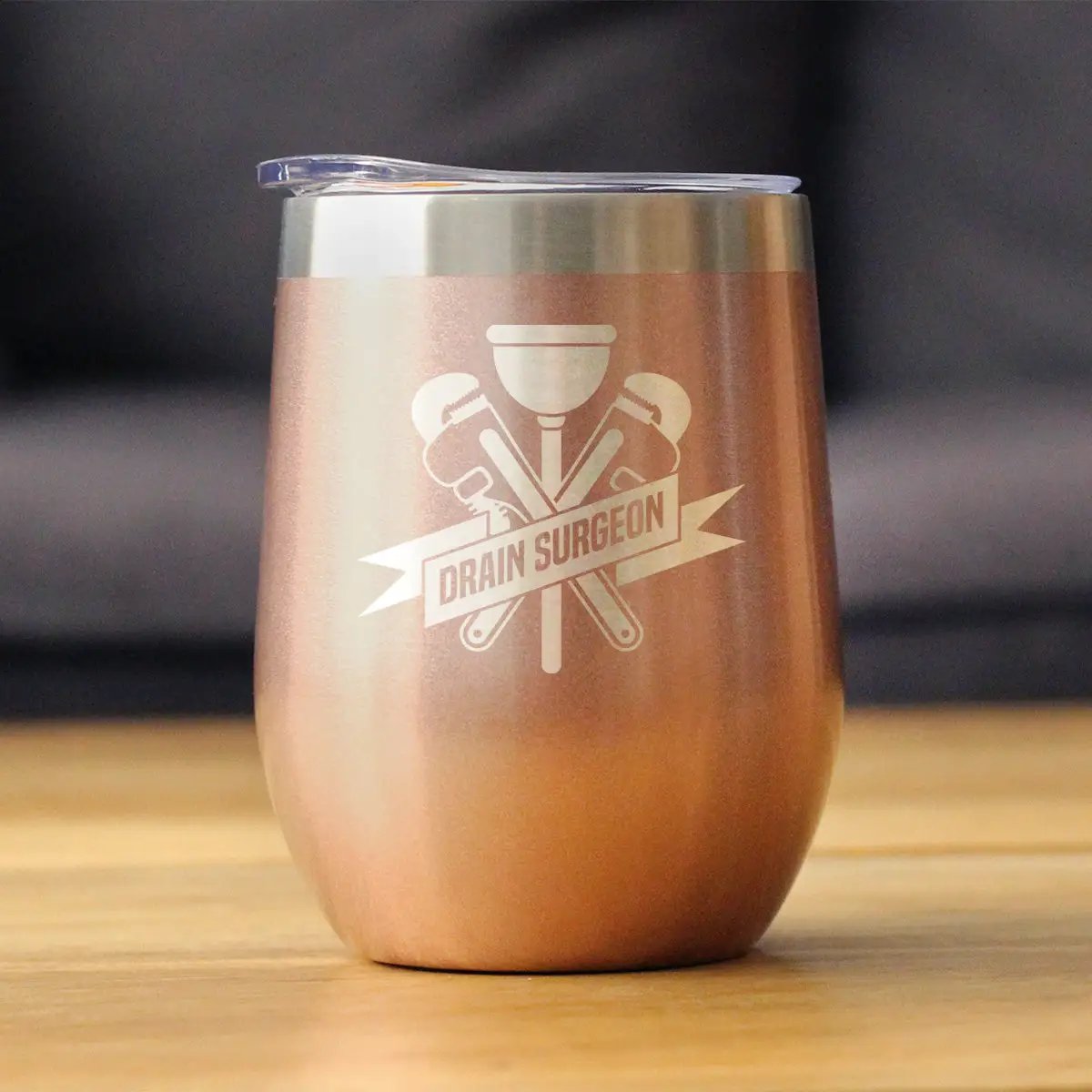 Drain Surgeon Wine Tumbler | 12 Oz Double Wall Stainless Steel | Sliding Lid | Funny Plumber Gifts