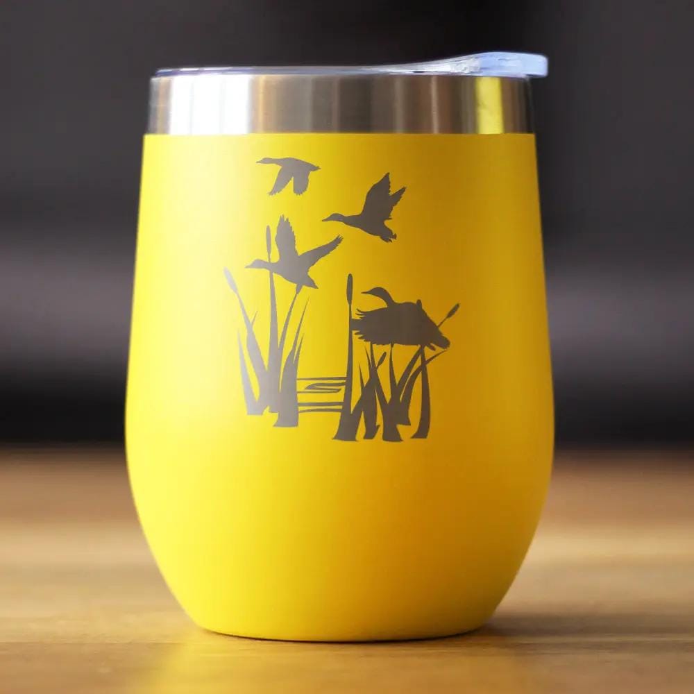 Insulated Stemless Wine Tumbler | 12 oz Stainless Steel | Sliding Lid | Duck Pond