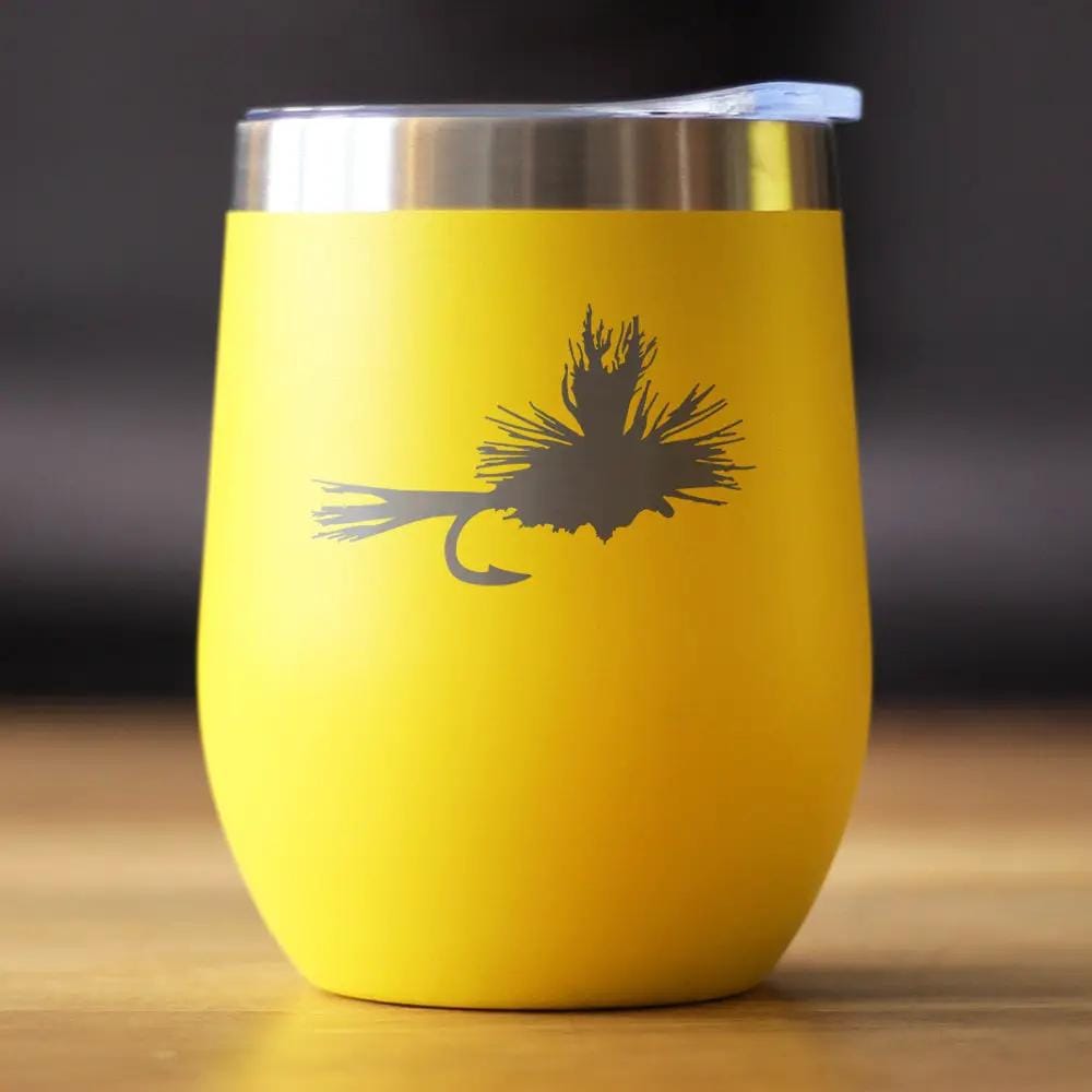 Insulated Stemless Wine Tumbler | 12 oz Stainless Steel | Sliding Lid | Fishing Fly