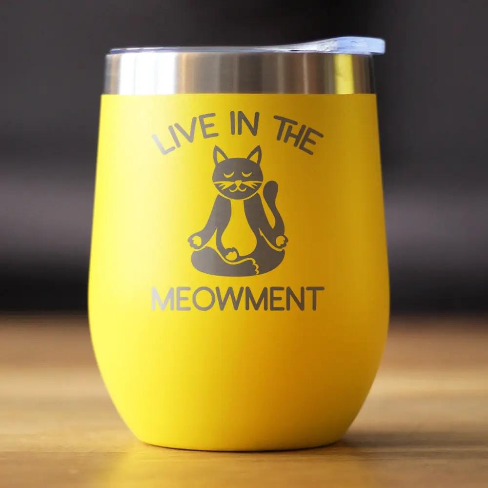 Insulated Stemless Wine Tumbler | 12 oz Stainless Steel | Sliding Lid | Live in the Meowment - Funny Cat