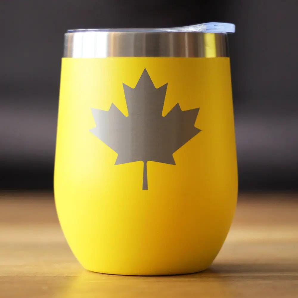 Insulated Stemless Wine Tumbler | 12 oz Stainless Steel | Sliding Lid | Canada Maple Leaf