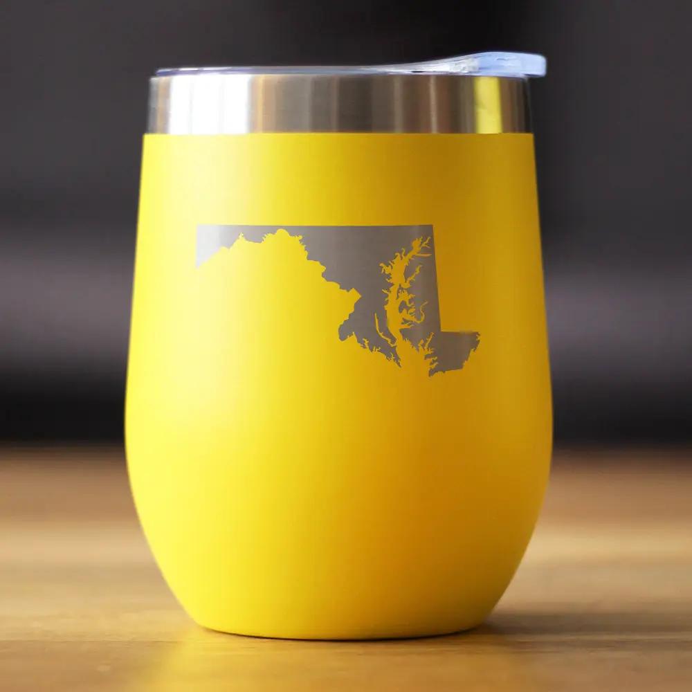 Maryland State Outline Wine Tumbler | 12 Oz | Double Wall Stainless Steel | Sliding Lid
