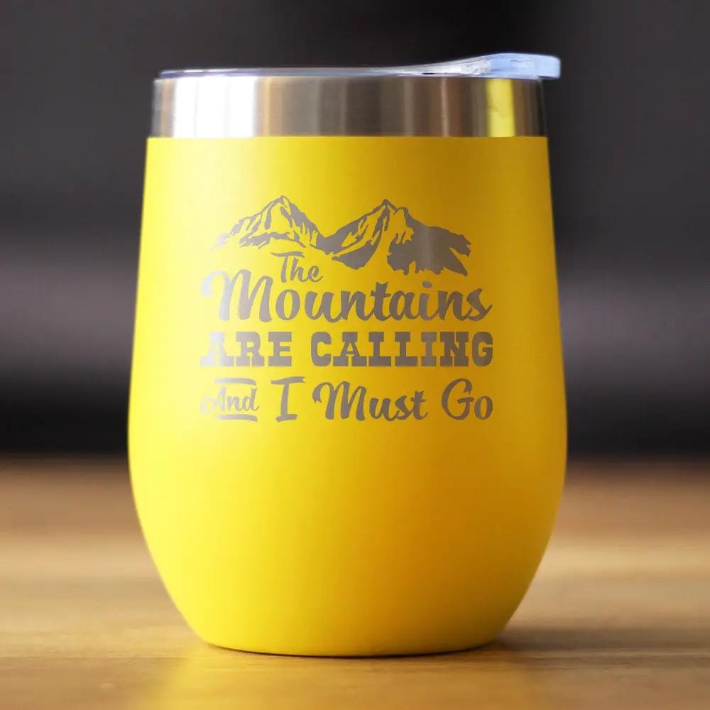 Mountains Are Calling Wine Tumbler | 12 Oz Double Wall Stainless Steel | Sliding Lid | Outdoor Hiking & Camping Gifts