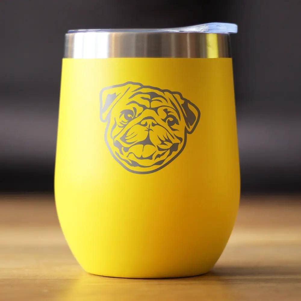 Insulated Stemless Wine Tumbler | 12 oz Stainless Steel | Sliding Lid | Pug