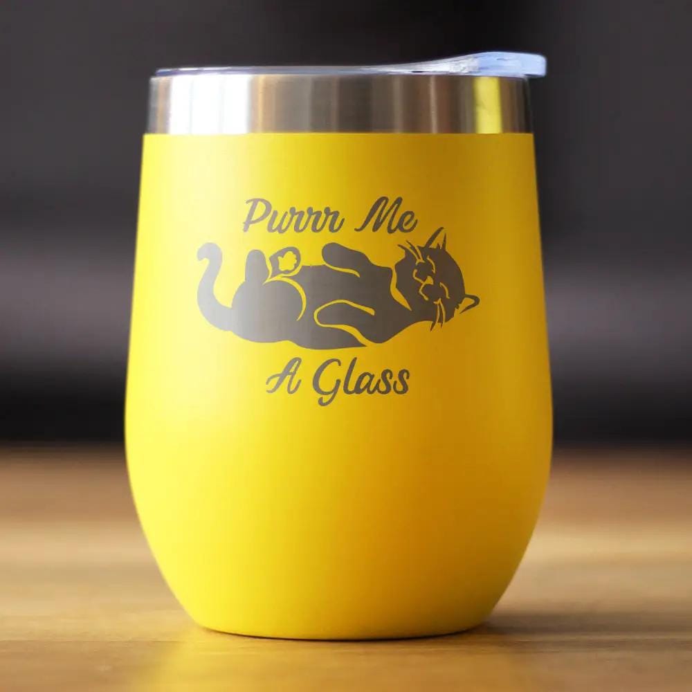 Insulated Stemless Wine Tumbler | 12 oz Stainless Steel | Sliding Lid | Purr Me A