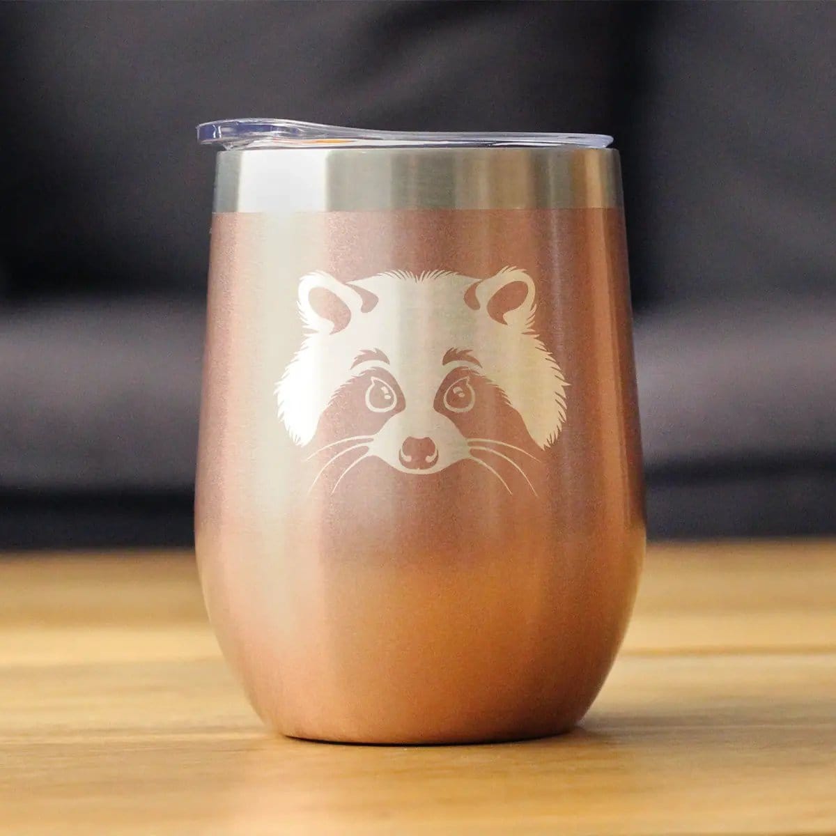 Insulated Stemless Wine Tumbler | 12 oz Stainless Steel | Sliding Lid | Raccoon Face