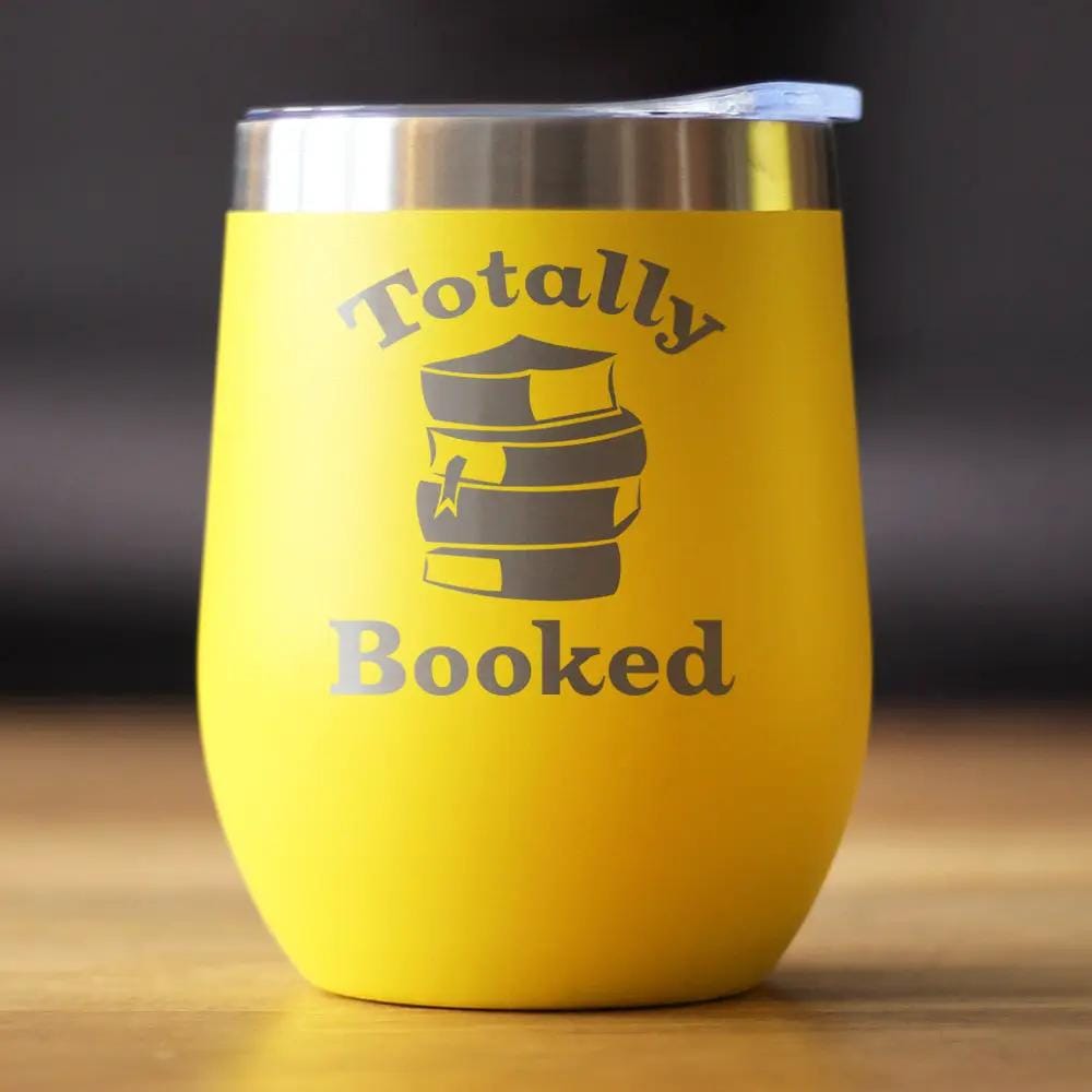 Insulated Stemless Wine Tumbler | 12 oz Stainless Steel | Sliding Lid | Totally Booked