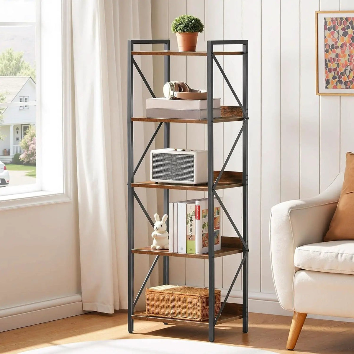 Industrial 5-Tier Bookshelf With Metal Frame 52-Inch Brown from PriceLows™