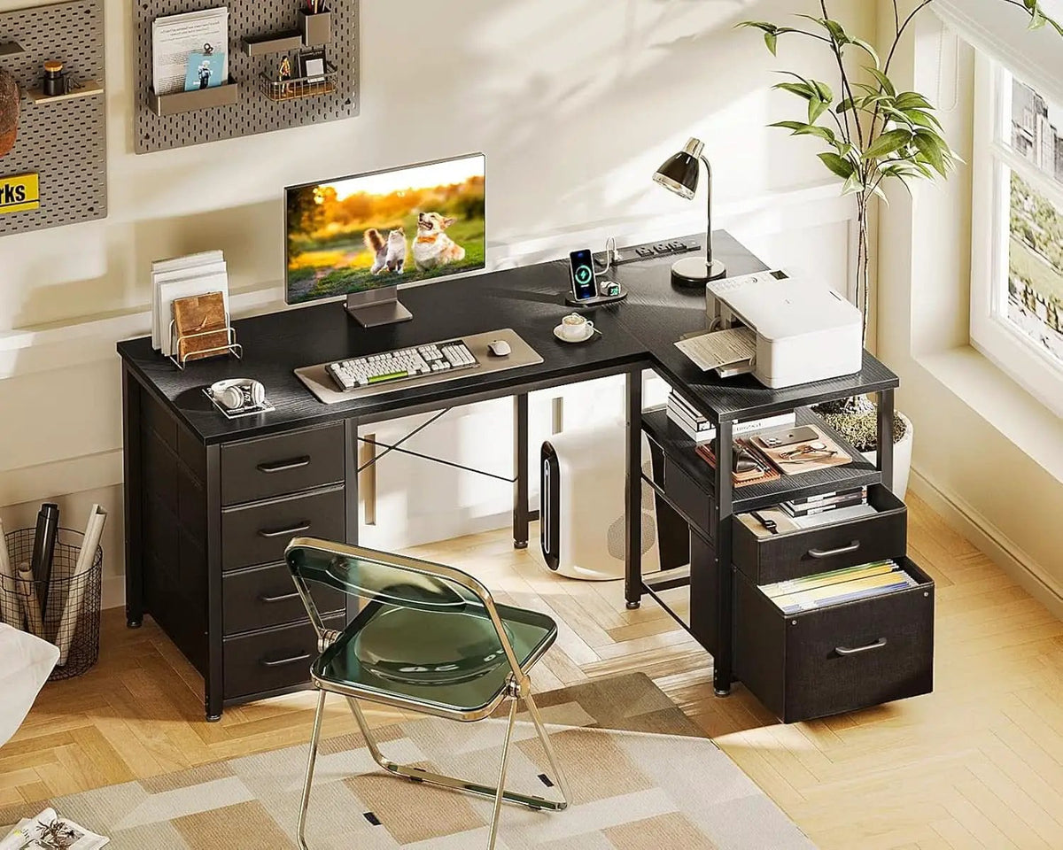 L Shaped Computer Desk 55 Inch With 6 Drawers Home Office from PriceLows™