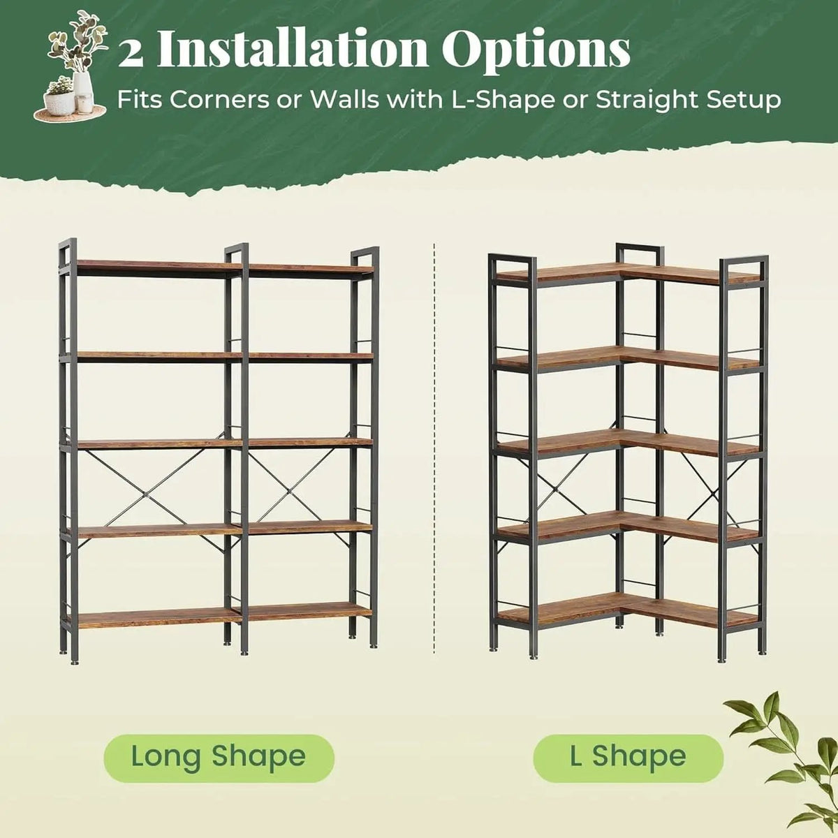 L Shaped Corner Bookshelf 49 Inch Rustic Brown Wood Metal Frame from PriceLows™