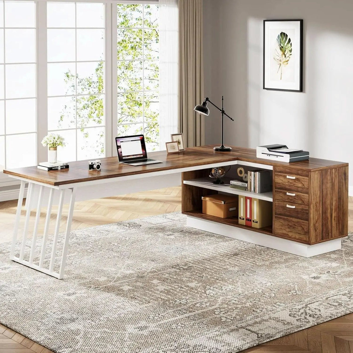 L-Shaped Executive Desk with Storage Drawers and Shelves from PriceLows™