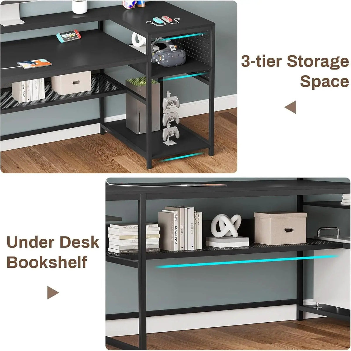 L Shaped Gaming Desk with LED Strip and Storage Shelves from PriceLows™