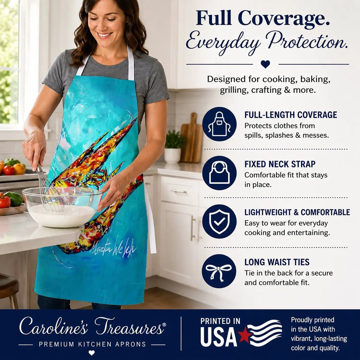 Kitchen Apron | Bib Style Unisex | 27"W x 30"H | All That Jazz Teal Shrimp