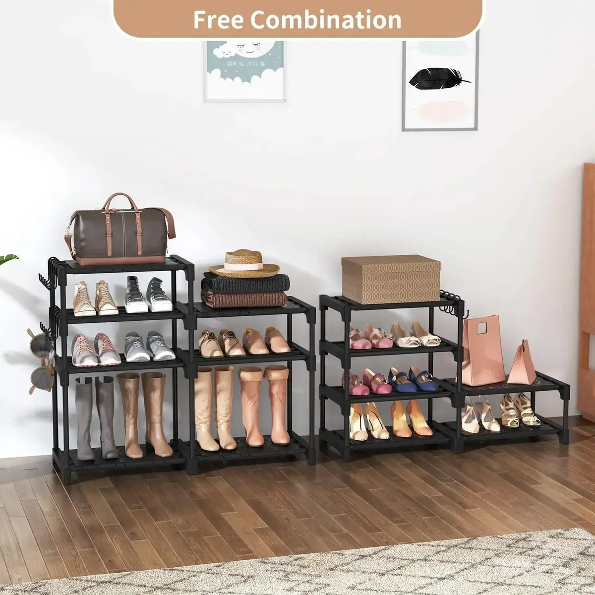 8-Tier Metal Shoe Rack Organizer, 26-32 Pairs Large Capacity Storage, Stackable Shoe Stand with 15 Hooks for Closet Entryway from PriceLows™