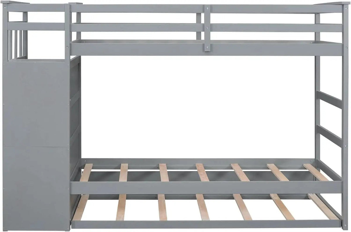 Natural Gray Twin Bunk Bed With Trundle And Stairs from PriceLows™