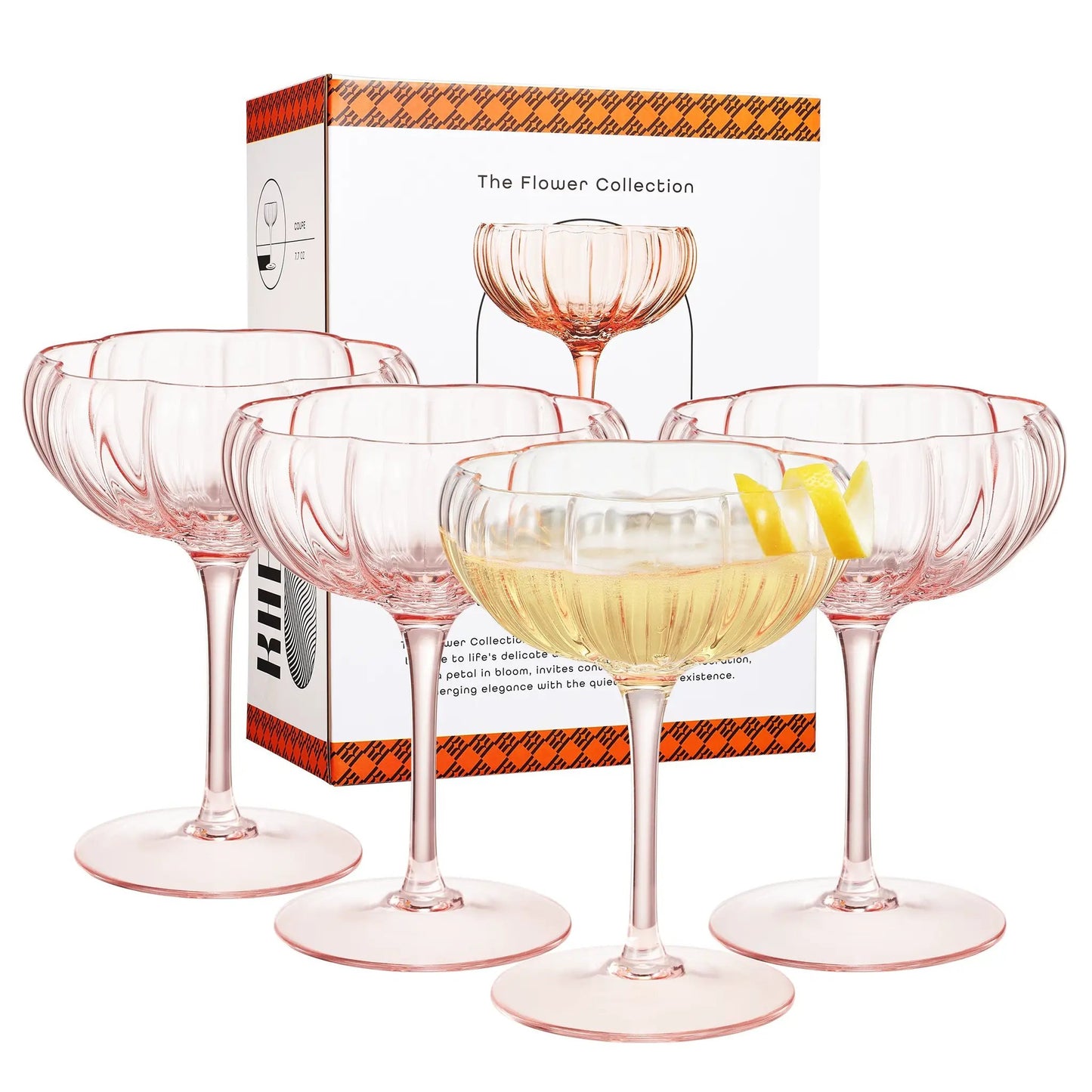 Flower Wave Champagne Coupe Cocktail Glassware, Set of 4 from PriceLows™