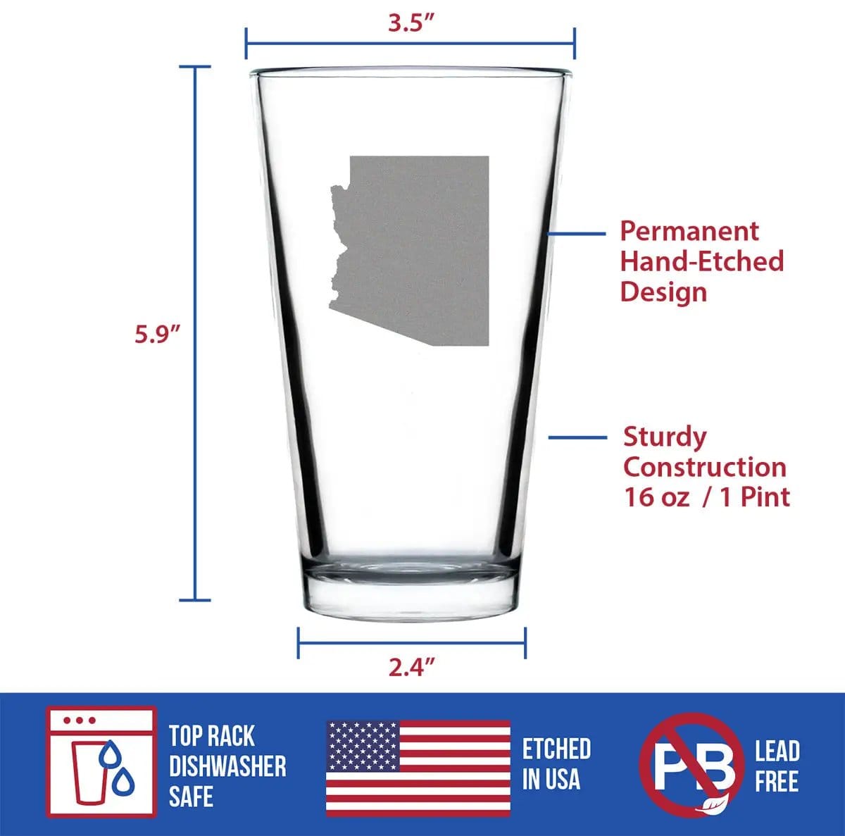 Etched Pint Glass | 16 oz Beer Glass | Dishwasher Safe | Arizona State Outline