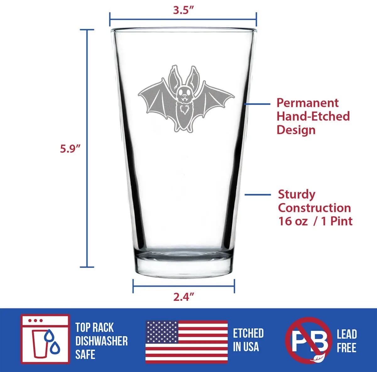 Etched Pint Glass | 16 oz Beer Glass | Dishwasher Safe | Bat