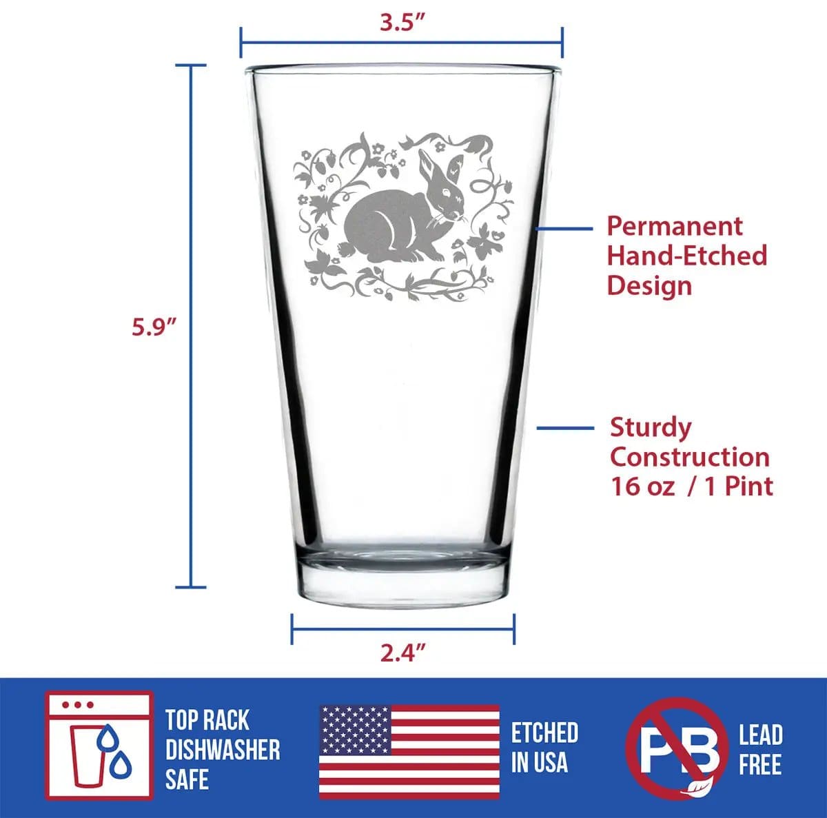 Etched Pint Glass | 16 oz Beer Glass | Dishwasher Safe | Berry Patch Bunny Rabbit