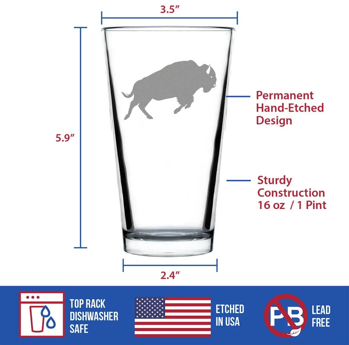 Etched Pint Glass | 16 oz Beer Glass | Dishwasher Safe | Bison