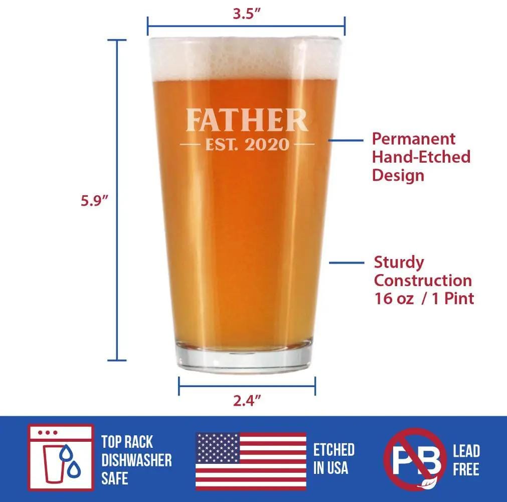 Etched Pint Glass | 16 oz Beer Glass | Dishwasher Safe | Father Est 2020 (Style 2)